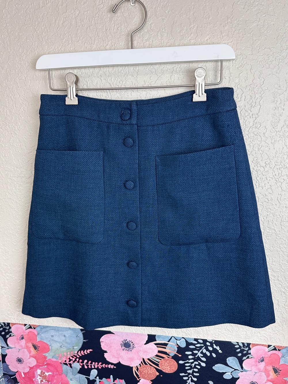 MIXXO Blue Button Front Herringbone Pattern Flare Mini Skirt Size 28 - Picture 1 of 5